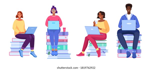 Enseñanza vectorial en línea con jóvenes, libros, estudiantes diversos, laptops. Sonrientes mujeres y hombres aprendiendo en internet. Colección virtual de estudios con diversos estudiantes en estilo plano de caricatura