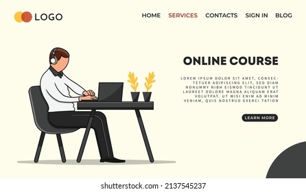 Vector online education template. Flat Illustration for university, courses, library, learning system, graduating. Idea of global access programs. Design for website, app, banner, poster, flyer.