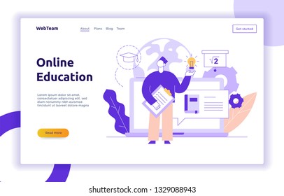 Vector online education web page banner concept with big modern man holding light bulb and check list. Virtual school illustration design template