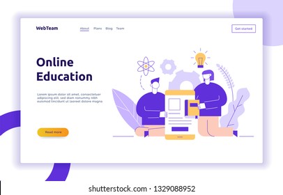 Vector online education web page banner concept with big modern man and woman  holding smartphone and book. Virtual school illustration design template