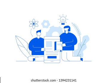 Vector online education web page banner concept with big modern man and woman holding smartphone and book. Virtual school illustration design template
