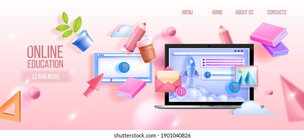 Vector online education, webinar, university, school digital classes web background with laptop, books. Remote lectures, distant streams, exams tutorial platform banner. Online education landing page