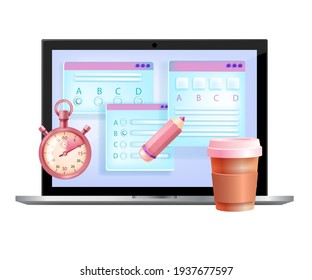 Vector online exam, internet test education school illustration, laptop screen, timer, coffee cup, pencil. Digital courses, web questionnaire form, checklist, window. University online exam concept