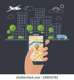 Vector online find or location  a point on the map in the phone with hand and city,  concept in flat stile on dark background