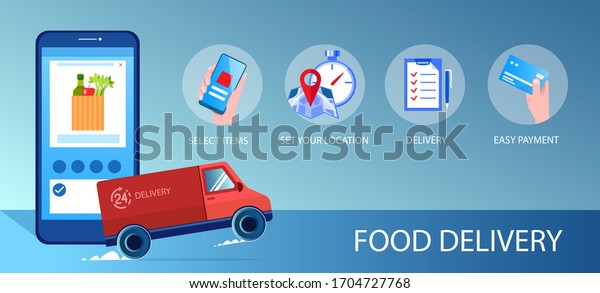 Vector of a online food ordering app on a\
smartphone with fast delivery truck\
