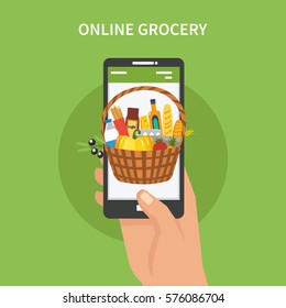 
Vector Online grocery concept illustration. Product basket on mobile screen.