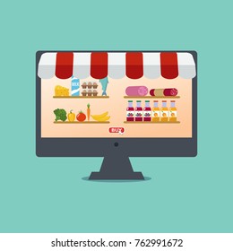 Vector Online grocery concept illustration. Product basket on mobile screen.