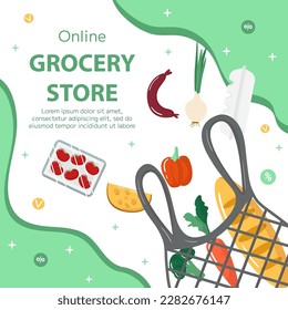 Vector online grocery store banner template. Shopping bag with fresh product. Square backdrop, flyer, brochure for sale, discount, offers