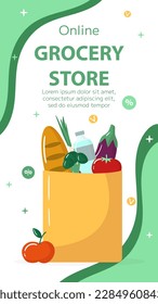 Vector online grocery store banner template. Fresh products in eco bag on green background. Vertical backdrop, flyer, brochure for sale, discount, offers.