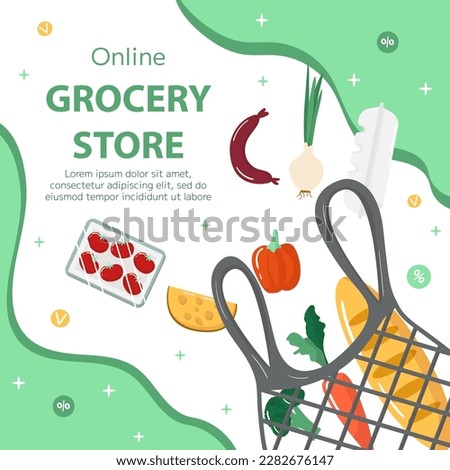Vector online grocery store banner template. Shopping bag with fresh product. Square backdrop, flyer, brochure for sale, discount, offers