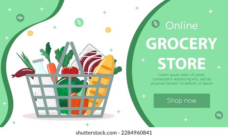 Vector online grocery store landing page template. Fresh products in shopping cart on green background. Horizontal backdrop, flyer, brochure for sale, discount, offers