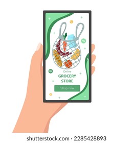 Vector online grocery store landing web page template for mobile app. Fresh products in shopping bag with hand and smartphone on white background. Backdrop, flyer, brochure for sale, discount, offers