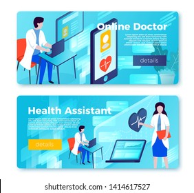 Vector online health consulting banner templates concept, mobile app and doctor call, cosulting woman. With place for your text