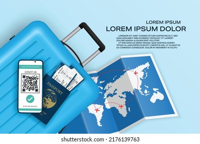 Vector Online heart passsport concept. Save travel documents. Digital certificate vaccine Covic-19 with QR code. Smart phone, World map, Airplane ticket, Blue luggage and passport booking.