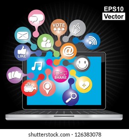 Vector : Online and Internet Social Network or Social Media Concept Present By Computer Laptop With Group of Colorful Social Media or Social Network Icon in Dark Background