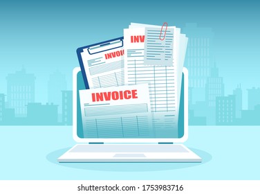 Vector of online invoice with bills coming out of laptop computer