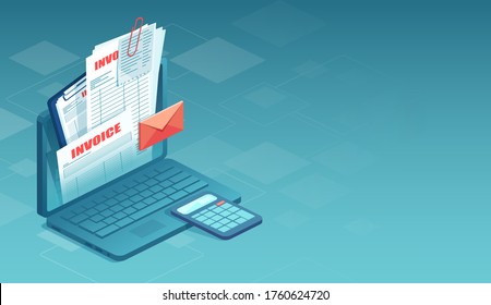 Vector of online invoice with bills coming out of laptop computer