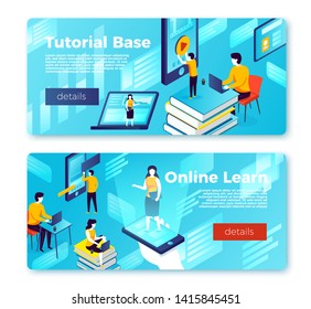 Vector online learning and tutorial base banner templates set. People watching lessons on screen and teaching with phone. With place for your text.