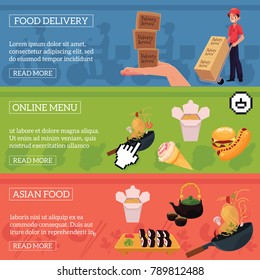 Vector online menu, asian food and food delivery infographic posters set with space for text. Delivery service, online cafe, restaurant with fastfood, wok, sweets, chinese, japanese food ads template.