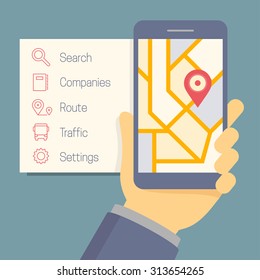 Vector online navigator concept in flat style, hand holding mobile phone with map and pointer on the screen, options icons on the side