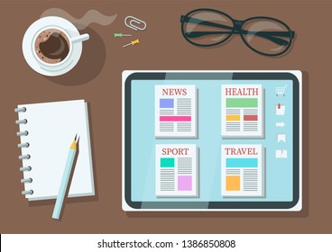 Vector online newspapers and magazines on the screen of the tablet pc. Webstore with a selection of periodicals on various topics. On the table are electronic device, coffe, glasses, pen, notepad.