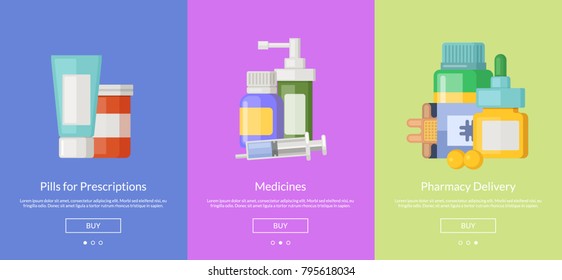 Vector online pharmacy slideshow template cards for buying medicines illustration
