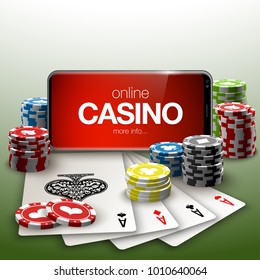 Vector Online Poker casino banner with a mobile Samsung Galaxy S8 S9?, chips playing cards and dice. Luxury Banner Jackpot Online Casino. New model Smartphone advertising poster Samsung Galaxy S8 S9