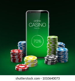 Vector Online Poker casino banner with a mobile Samsung Galaxy S8 S9?, chips playing cards and dice. Luxury Banner Jackpot Online Casino. New model Smartphone advertising poster Samsung Galaxy S8 S9