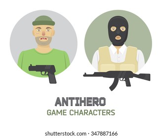 Vector online shooting game signs of players. Characters and weapon