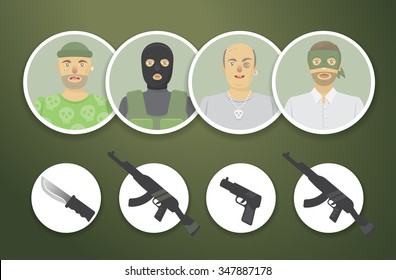 Vector online shooting game signs of players. Characters and weapon