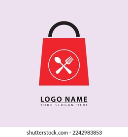 vector online shop food logo icon. Abstract vector combination of bag and cutlery in a simple elegant flat illustration style. Great for dining, shops, online, etc.