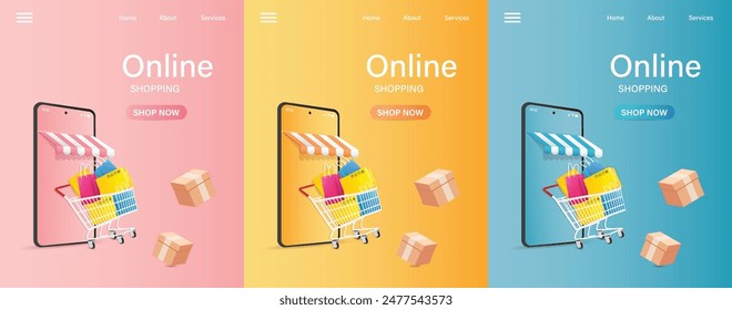 The vector of online shopping advertising poster with colorful and minimal 3d objects and background