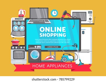 vector online shopping advertising poster banner design. Gas stove, dishwasher, washing machine, electric kettle or teapot, hair dryer, iron, vacuum cleaner, laptop, monitor clock, fridge icon set.