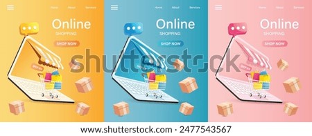 The vector of online shopping advertising poster with colorful and minimal 3d objects and background