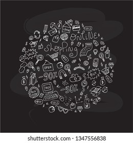 Vector online shopping circle concept. Hand drawn outline poster of online shopping. Doodle line store objects. Shop design elements