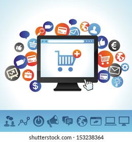 Vector online shopping concept - computer and technology icons