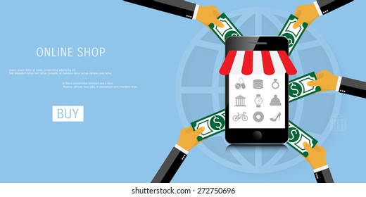 Vector online shopping concept illustration. Web shop. Internet store. E-commerce and internet banking.