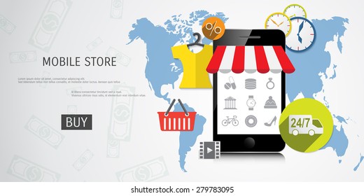 Vector online shopping concept illustration. Web shop. Internet store. E-commerce and internet banking.