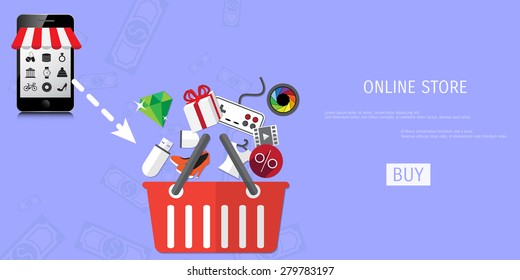 Vector online shopping concept illustration. Web shop. Internet store. E-commerce and internet banking.