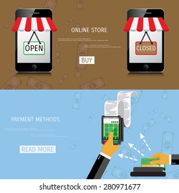 Vector online shopping concept illustration. Web shop. Internet store. E-commerce and internet banking.