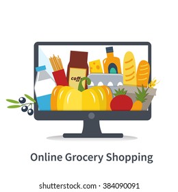 Vector Online shopping concept illustration.  Online grocery shopping. Different grocery products on computer screen.