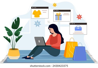 Vector online shopping concept with woman character