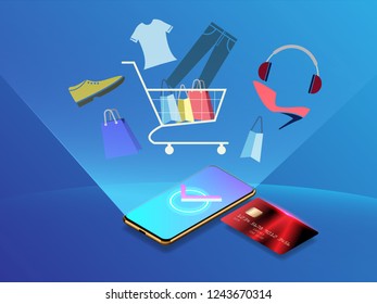 Vector of Online shopping with credit card concept, mobile marketing and e-commerce minimal design.