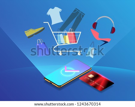 Vector of Online shopping with credit card concept, mobile marketing and e-commerce minimal design.