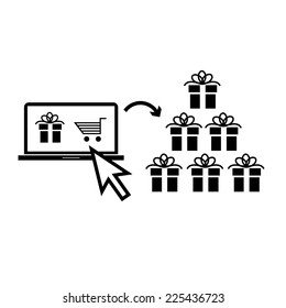 Vector online shopping and e-commerce on laptop buying christmass gifts with one mouse click | black flat design pictogram isolated on white background