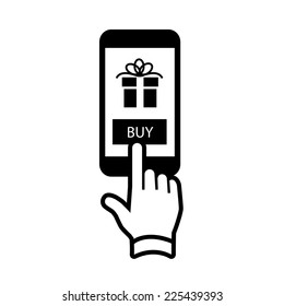 Vector online shopping and ecommerce on smartphone with one finger gesture business and technology icon | black flat design pictogram isolated on white background