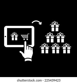 Vector online shopping and e-commerce on tablet buying christmass gifts with one finger gesture | white flat design pictogram isolated on black background