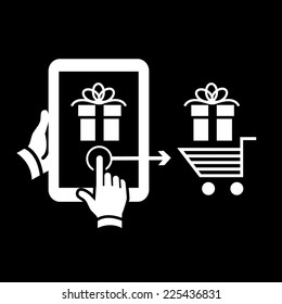 Vector online shopping and ecommerceon tablet with one finger swipe gesture moving gift to shopping cart | whiteflat design pictogram isolated on black background