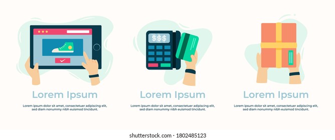 vector online shopping flow in isolated - concept buy, pay, receive of goods