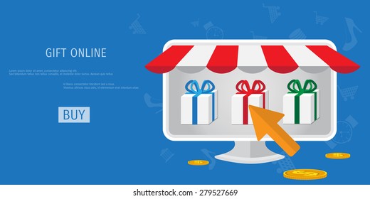 Vector online shopping gifts concept illustration. Web shop. Internet store. E-commerce and internet banking.